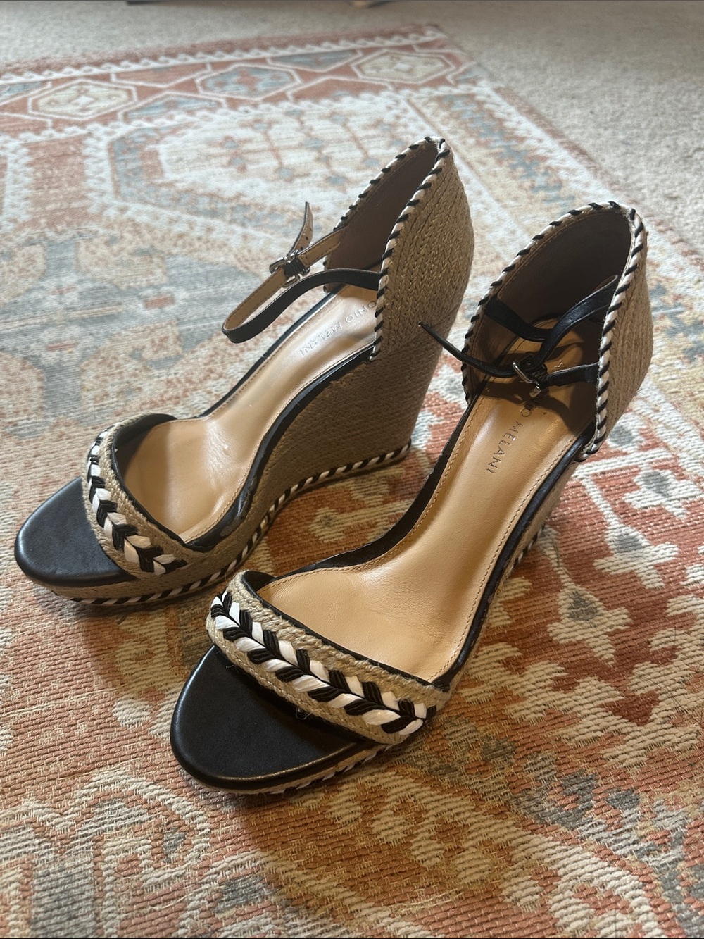 ANTONIO MELANI Black & Natural Braided Espadrille Wedges